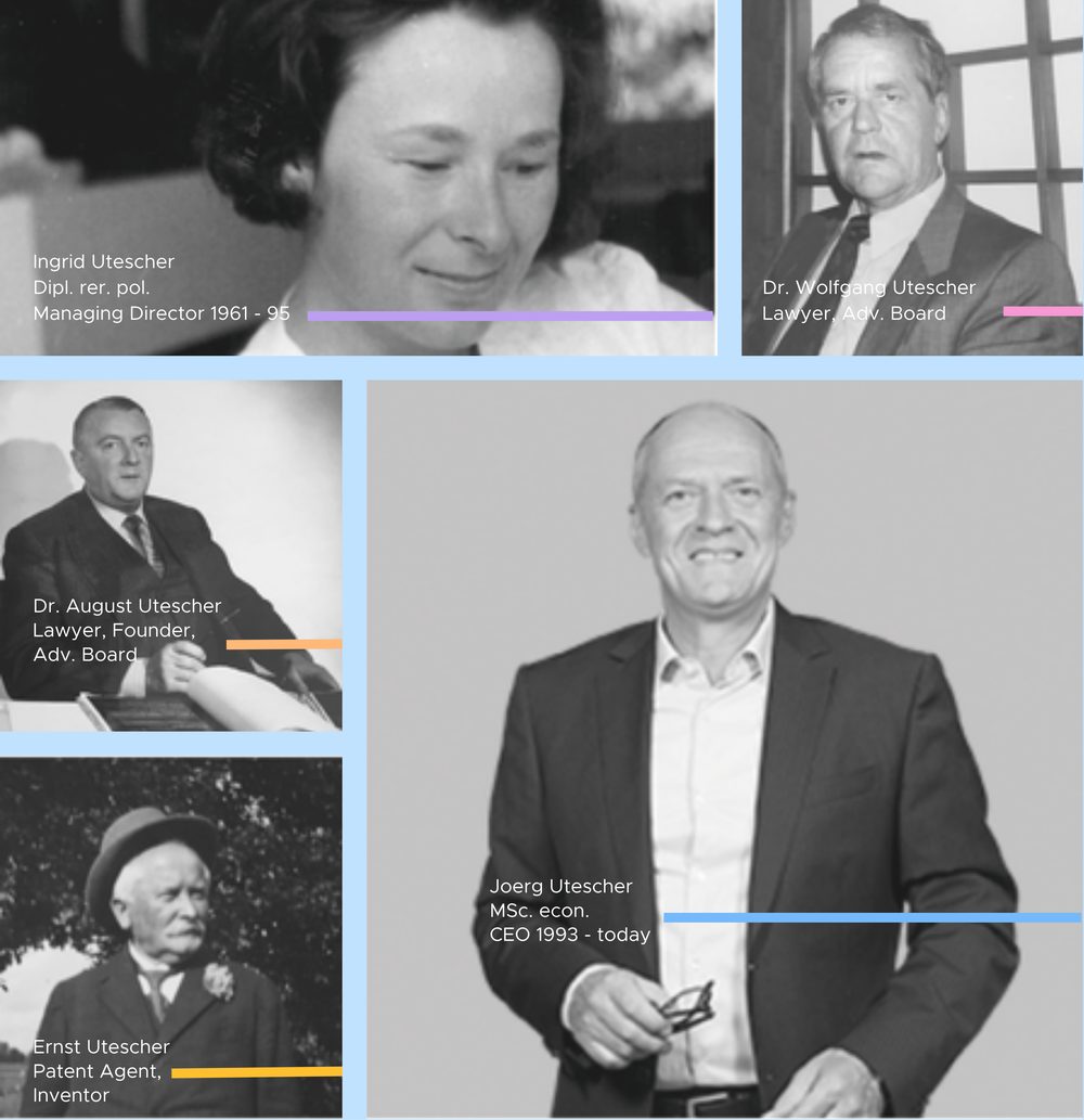 The Utescher family: Ingrid Utescher (Managing Director 1961-95), Dr. Wolfgang Utescher (Lawyer, Adv. Board), Dr. August Utescher (Lawyer, Founder, Adv. Board), Ernst Utescher (Patent Agent, Inventor), Joerg Utescher (MSc. econ., CEO 1993-today)